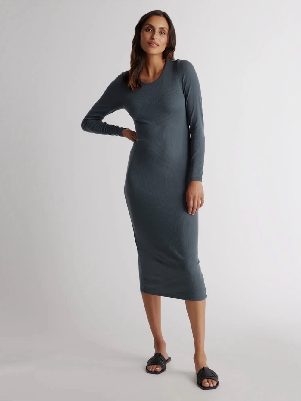 Quince Tencel Rib Knit Long Sleeve Dress S